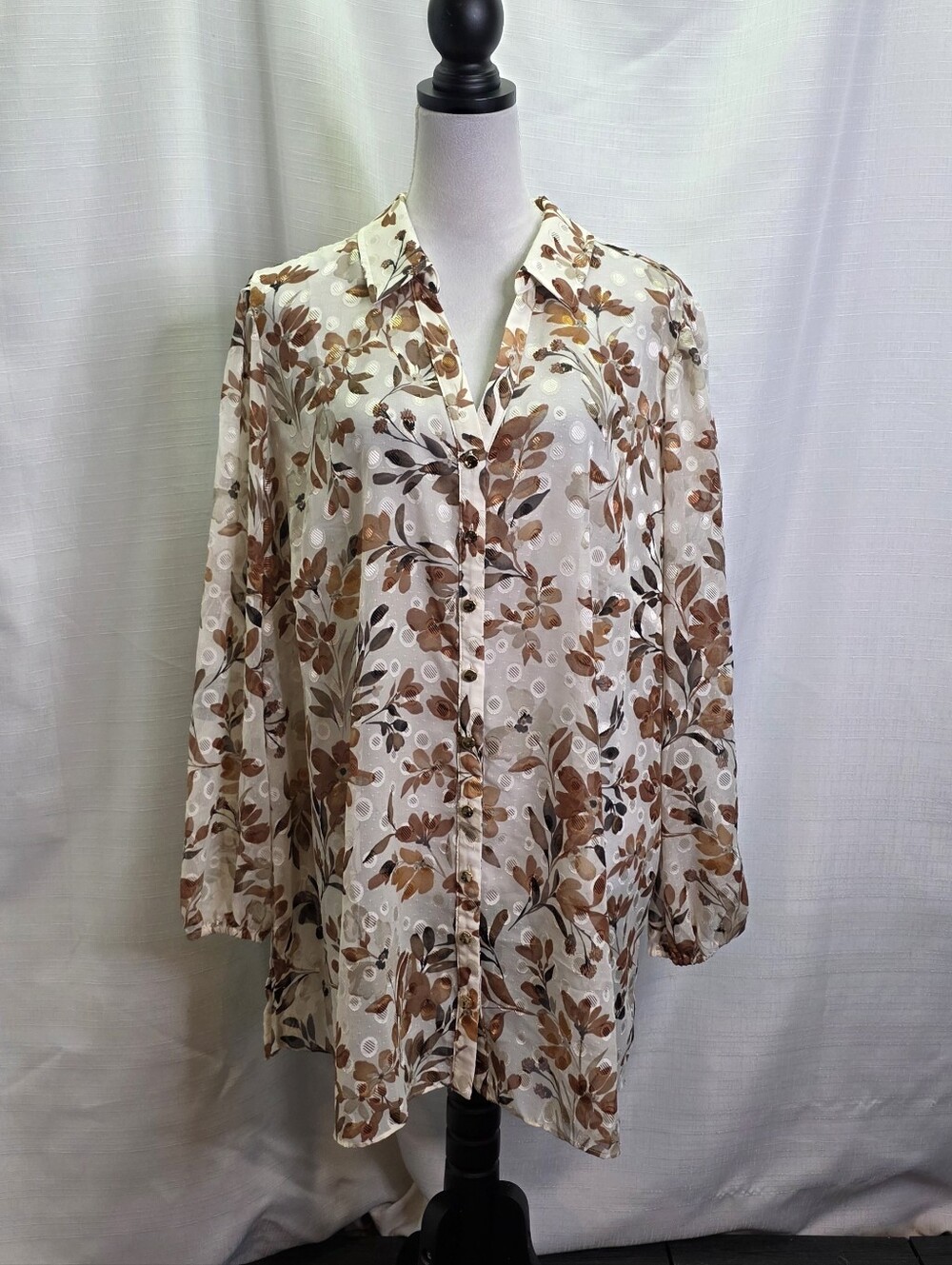 Susan Graver Cream and Brown Fall Leaf Print Button Down Blouse Size 2X